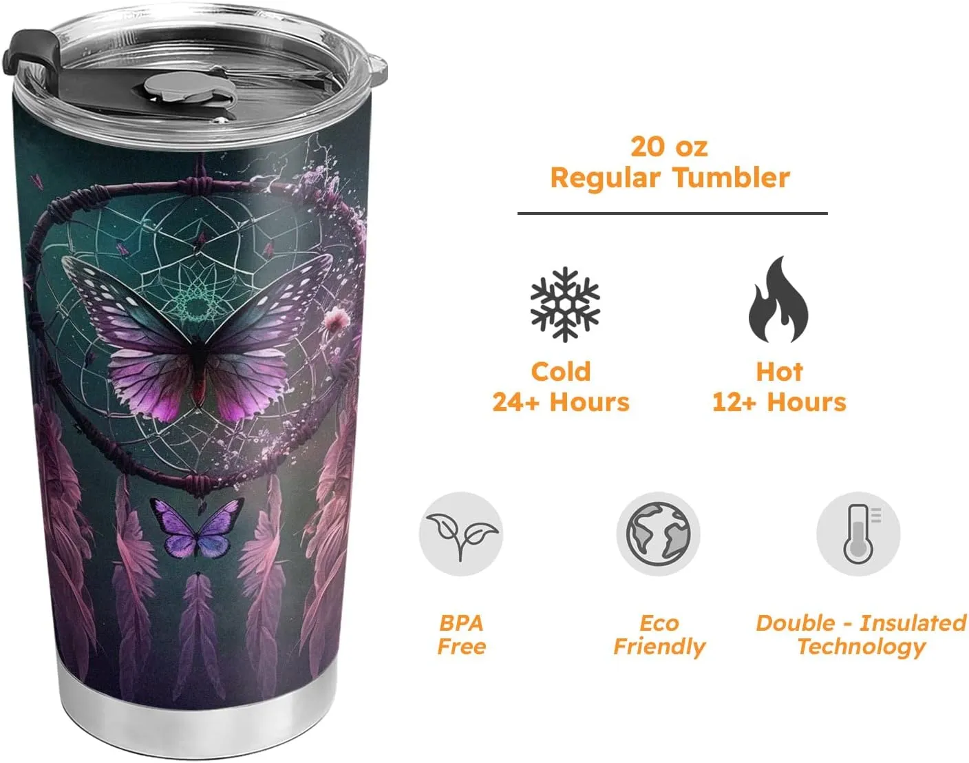 20oz Purple Dreamcatcher Butterfly Tumbler Cup, Insulated Travel Cup with Lid, Coffee Thermos for Women, Gifts for Women, Birthday Gifts for Mom, Daughter, Sister, Friends, Girlfriends, Coworker