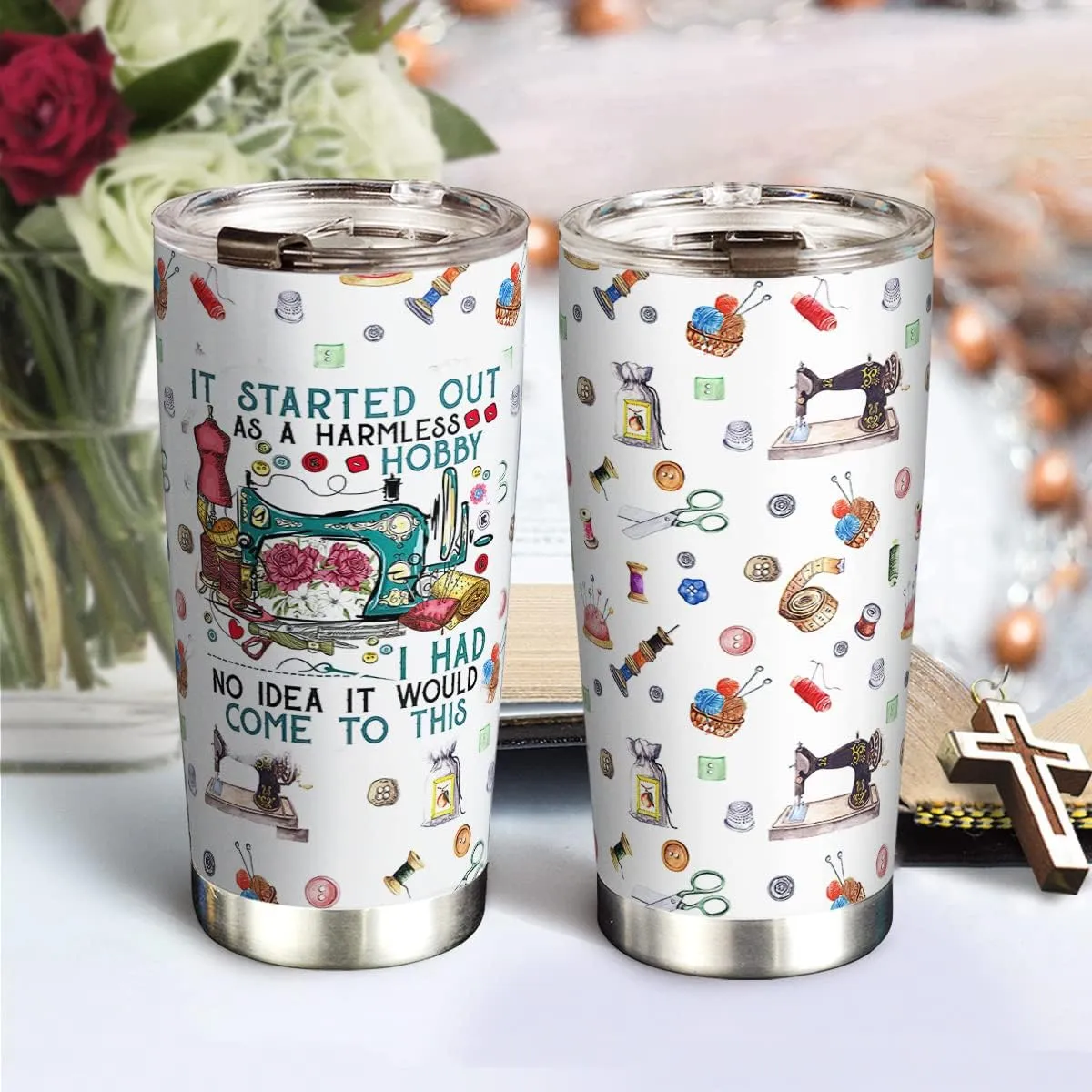 20oz Quilting, Sewing Tumbler, Gifts for Quilter, Sewer, Quilting, Sewing Hobby, Coffee Thermos for Women, Stainless Steel Double Wall Vacuum Insulated Coffee Mug, Travel Cup with Lid