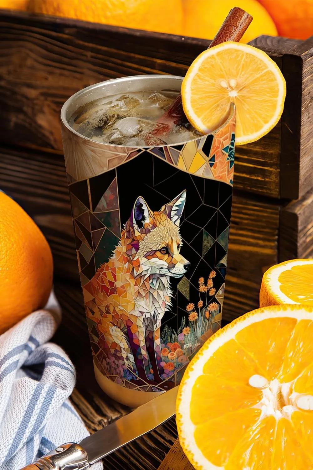 20oz Yellow Citrine Stained Glass Crystal Mosaic Fox Tumbler, Gifts for Fox Lovers, Coffee Thermos for Women, Stainless Steel Double Wall Vacuum Insulated Coffee Mug, Travel Cup with Lid