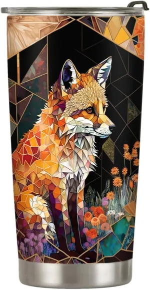 20oz Yellow Citrine Stained Glass Crystal Mosaic Fox Tumbler, Gifts for Fox Lovers, Coffee Thermos for Women, Stainless Steel Double Wall Vacuum Insulated Coffee Mug, Travel Cup with Lid