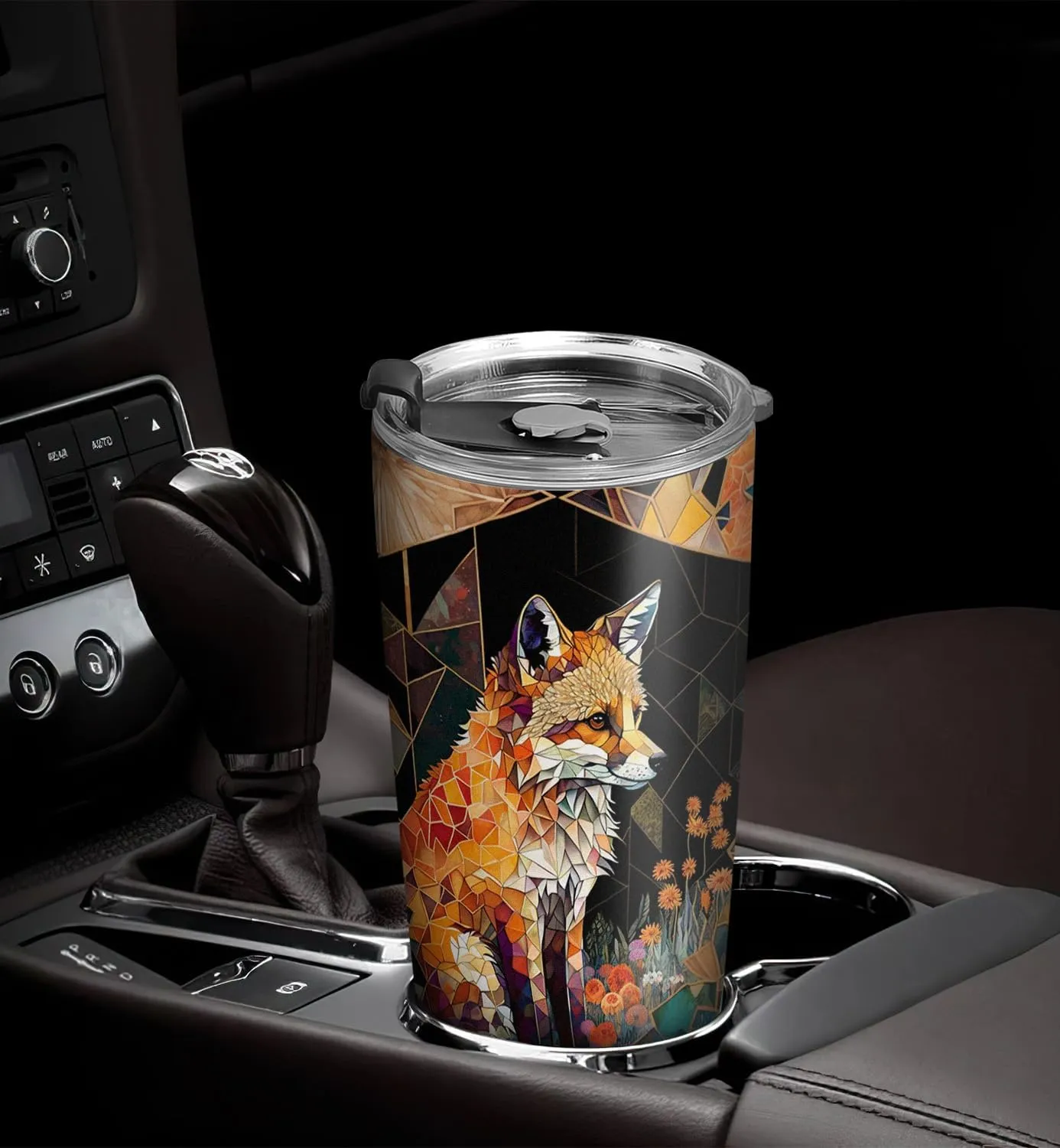 20oz Yellow Citrine Stained Glass Crystal Mosaic Fox Tumbler, Gifts for Fox Lovers, Coffee Thermos for Women, Stainless Steel Double Wall Vacuum Insulated Coffee Mug, Travel Cup with Lid