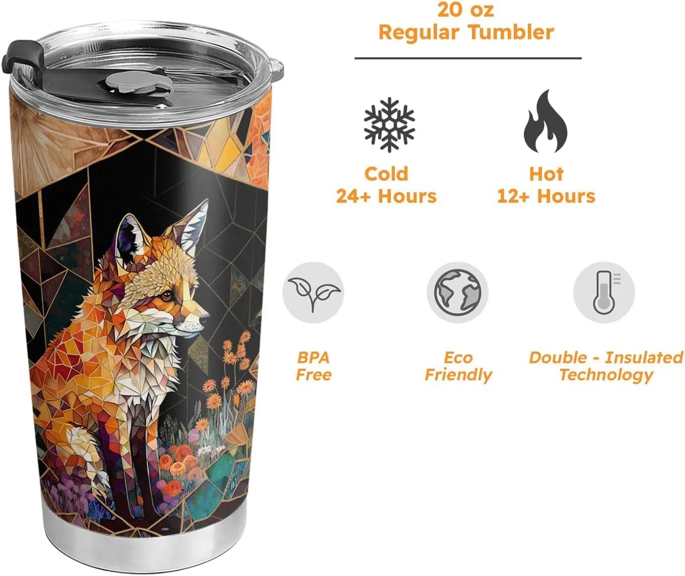 20oz Yellow Citrine Stained Glass Crystal Mosaic Fox Tumbler, Gifts for Fox Lovers, Coffee Thermos for Women, Stainless Steel Double Wall Vacuum Insulated Coffee Mug, Travel Cup with Lid