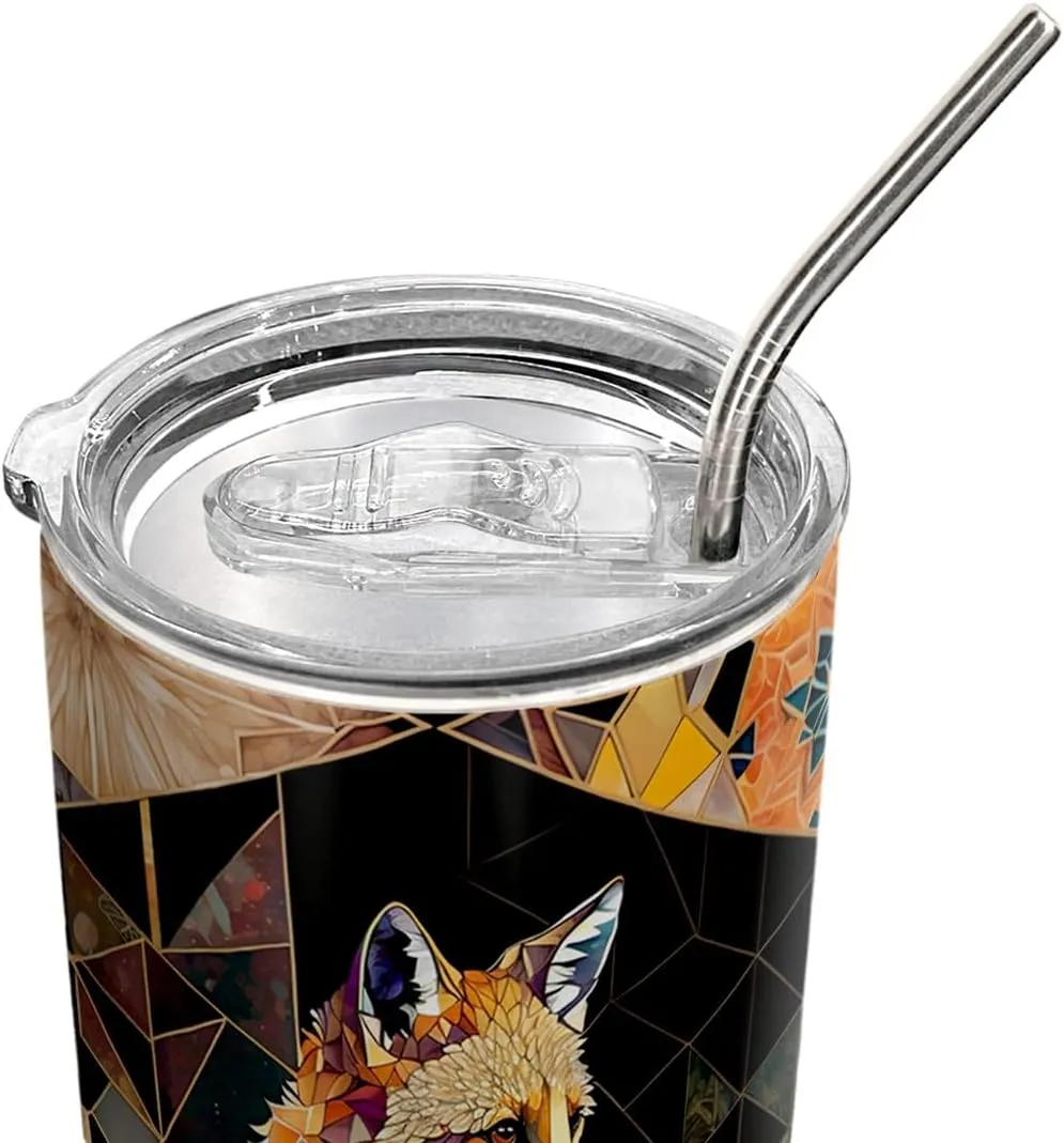 20oz Yellow Citrine Stained Glass Crystal Mosaic Fox Tumbler, Gifts for Fox Lovers, Coffee Thermos for Women, Stainless Steel Double Wall Vacuum Insulated Coffee Mug, Travel Cup with Lid