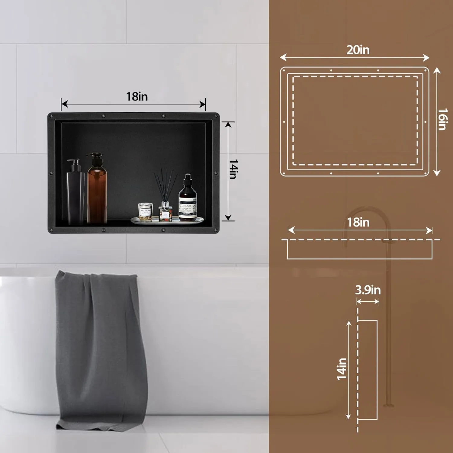 2PC Shower Niche Shower Niche Ready for Tile Black, 20" X 16" X 3.9" Premium ABS Plastic Single Shelf Niche, Recessed Niche Shower for Bathroom Kitchen Bedroom Storage