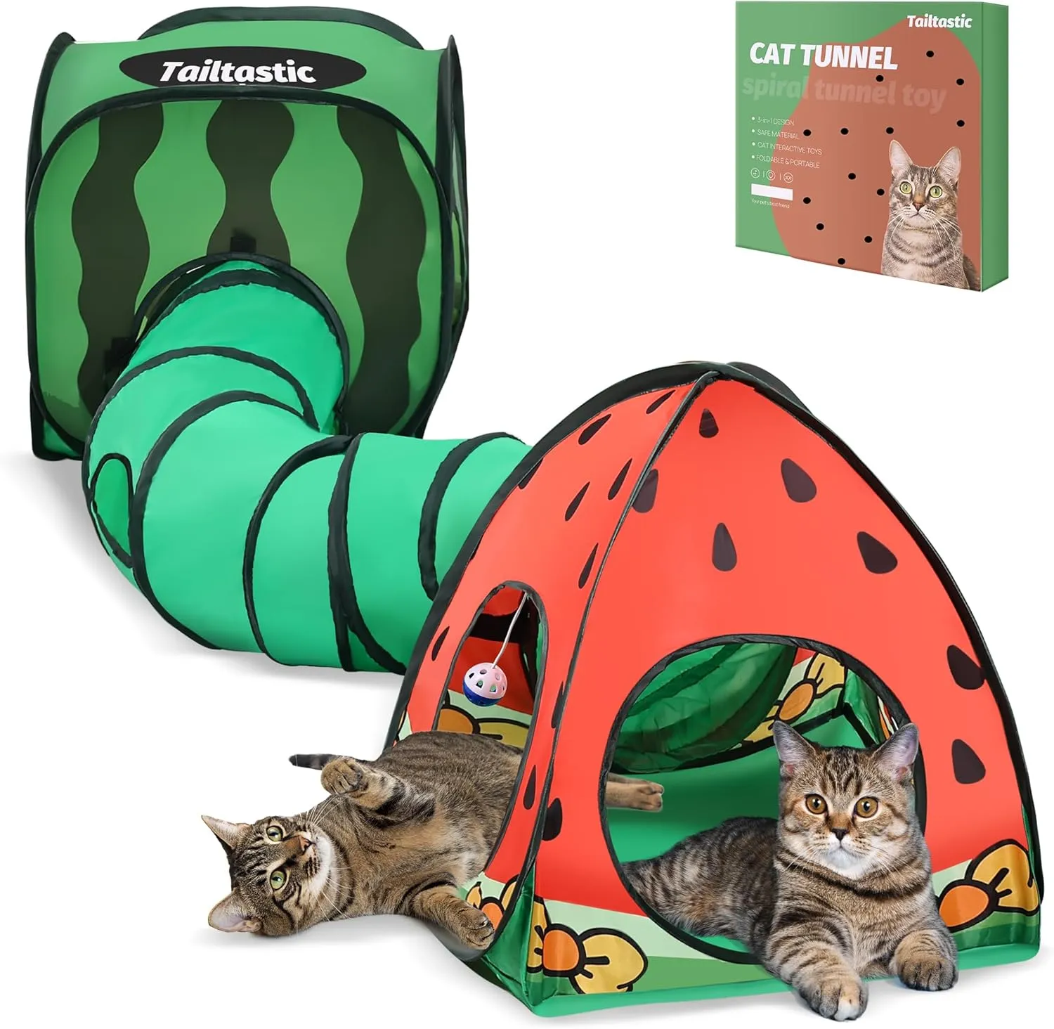 3-in-1 Watermelon Cat Play Tunnel with Pop-Up Cube & Triangle Cat Tent, Interactive Toy Ball & Foldable Design - Easy Magic Tape Assembly Tunnels for Indoor Cats