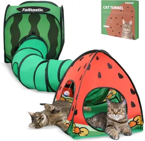 3-in-1 Watermelon Cat Play Tunnel with Pop-Up Cube & Triangle Cat Tent, Interactive Toy Ball & Foldable Design - Easy Magic Tape Assembly Tunnels for Indoor Cats