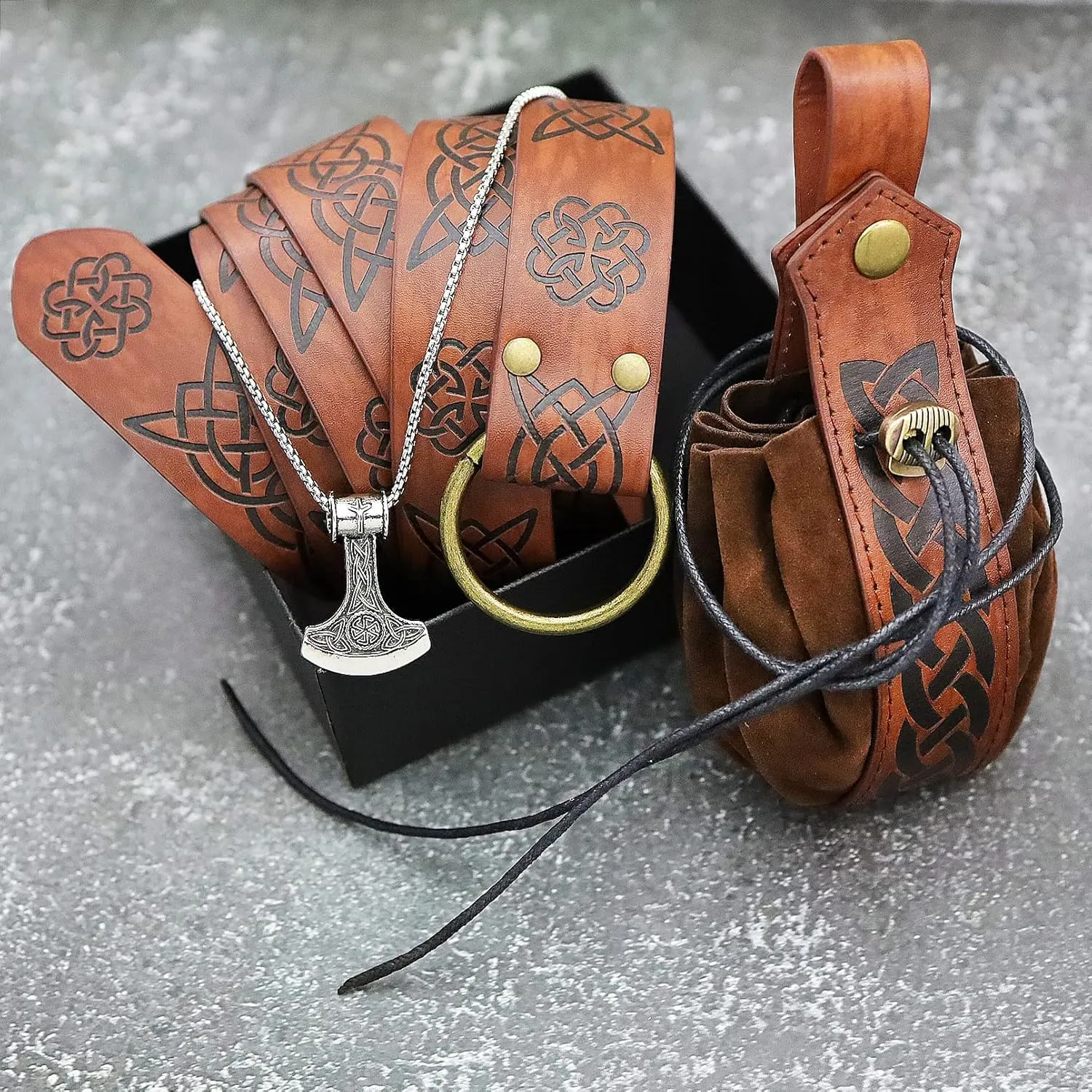 3 Pieces Medieval Viking Leather Belt, Retro Drawstring Belt Bag Pouch and Stainless Steel Chain Axe Necklace, Renaissance Knight Accessories Set for LARP Ren Faire Costume Brown