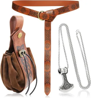 3 Pieces Medieval Viking Leather Belt, Retro Drawstring Belt Bag Pouch and Stainless Steel Chain Axe Necklace, Renaissance Knight Accessories Set for LARP Ren Faire Costume Brown