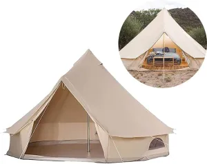 3/4/5/6m Camping Bell Tent 4-Season Family Tent Outdoor Hiking Hunting Yurt Tent with Zipped Groundsheet and Chimney, Khaki