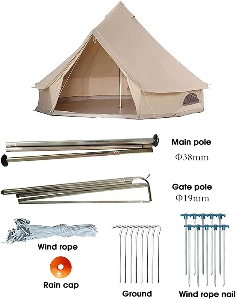 3/4/5/6m Camping Bell Tent 4-Season Family Tent Outdoor Hiking Hunting Yurt Tent with Zipped Groundsheet and Chimney, Khaki