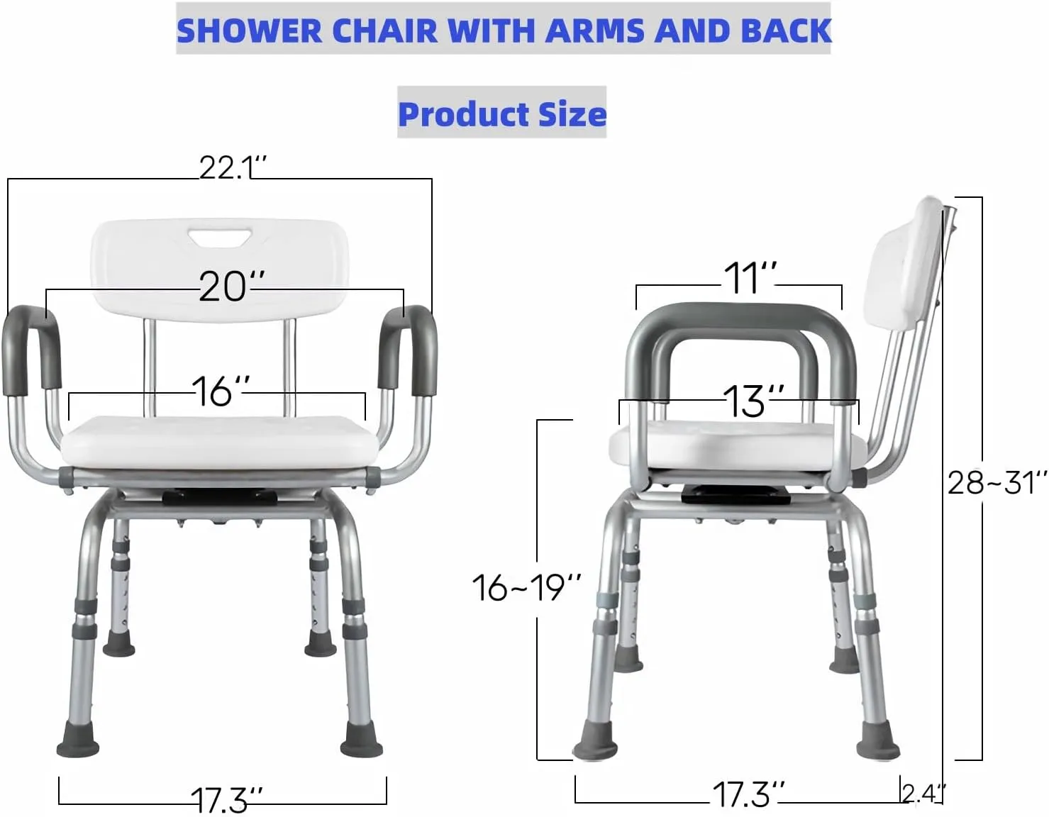 360°Swivel Shower Chair for Inside Shower, Shower Seats for Seniors with Arms and Back, Height Adjustable Tub Transfer Bench for Bathtubs,Pivoting Shower Stool (White-Gray, Small)