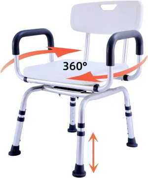 360°Swivel Shower Chair for Inside Shower, Shower Seats for Seniors with Arms and Back, Height Adjustable Tub Transfer Bench for Bathtubs,Pivoting Shower Stool (White-Gray, Small)