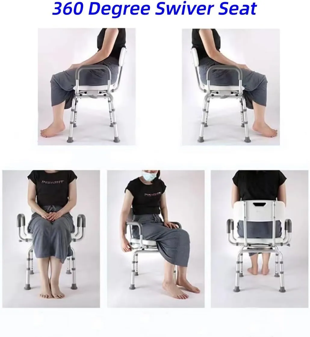 360°Swivel Shower Chair for Inside Shower, Shower Seats for Seniors with Arms and Back, Height Adjustable Tub Transfer Bench for Bathtubs,Pivoting Shower Stool (White-Gray, Small)