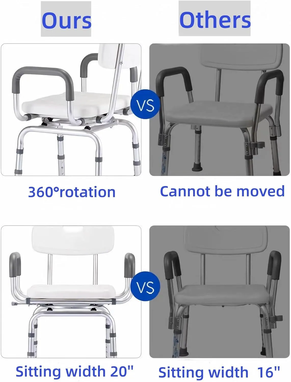 360°Swivel Shower Chair for Inside Shower, Shower Seats for Seniors with Arms and Back, Height Adjustable Tub Transfer Bench for Bathtubs,Pivoting Shower Stool (White-Gray, Small)