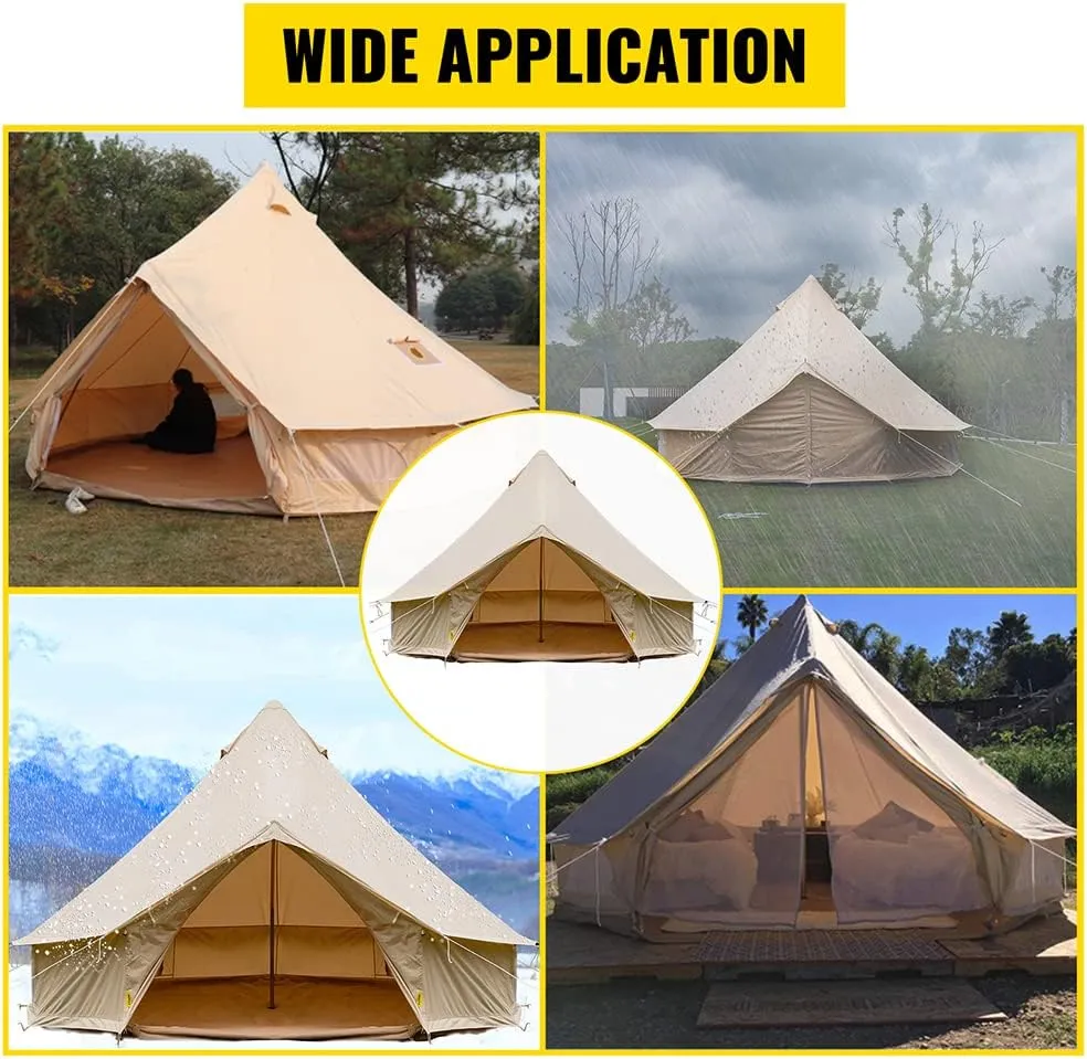 4-12 Person Camping Tent 3-6m Canvas Bell Tent Outdoor 4 Seasons Family Party Picnic Yurt Tent W/Stove Hole (Beige 13.1ft 4m 5~8People) (Beige 9.84ft 3~5People)