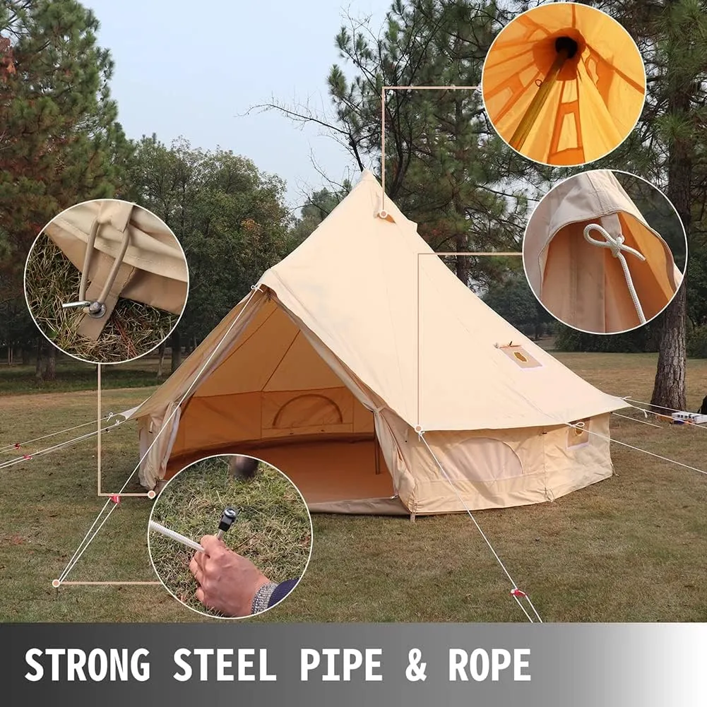 4-12 Person Camping Tent 3-6m Canvas Bell Tent Outdoor 4 Seasons Family Party Picnic Yurt Tent W/Stove Hole (Beige 13.1ft 4m 5~8People) (Beige 9.84ft 3~5People)