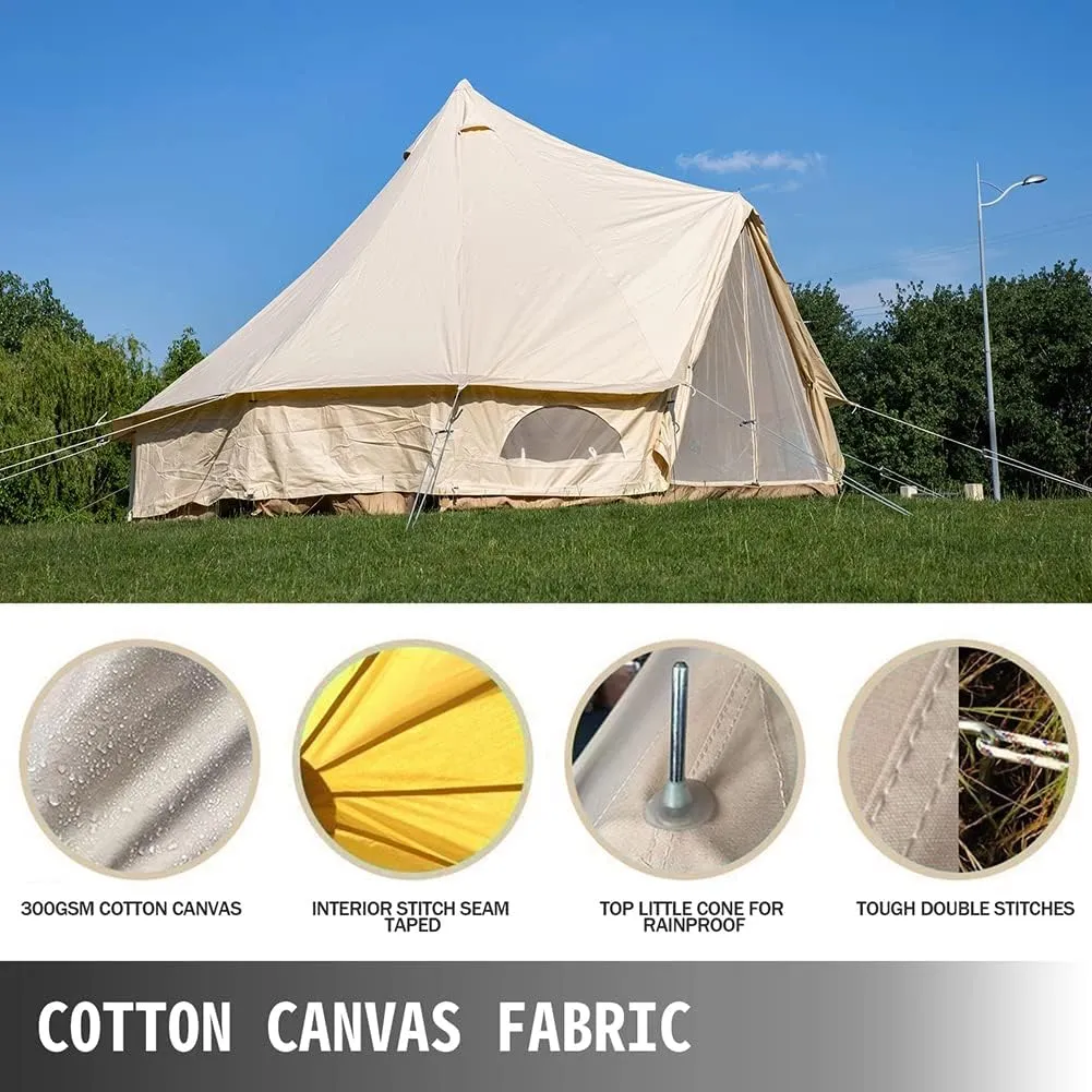 4-12 Person Camping Tent 3-6m Canvas Bell Tent Outdoor 4 Seasons Family Party Picnic Yurt Tent W/Stove Hole (Beige 13.1ft 4m 5~8People) (Beige 9.84ft 3~5People)
