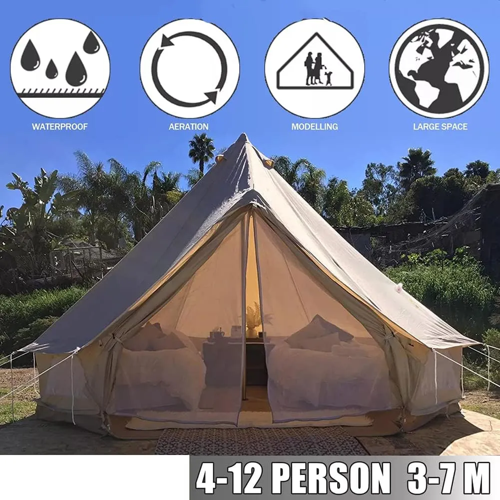 4-12 Person Camping Tent 3-6m Canvas Bell Tent Outdoor 4 Seasons Family Party Picnic Yurt Tent W/Stove Hole (Beige 13.1ft 4m 5~8People) (Beige 9.84ft 3~5People)