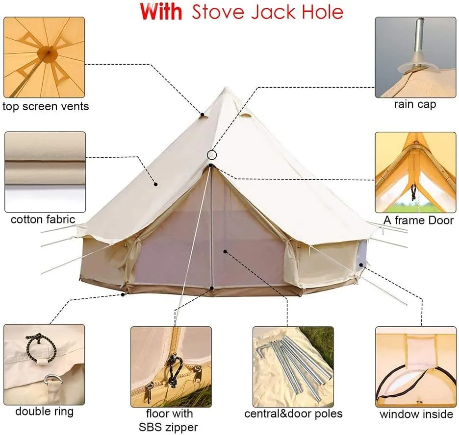 4-12 Person Camping Tent 3-6m Canvas Bell Tent Outdoor 4 Seasons Family Party Picnic Yurt Tent W/Stove Hole (Beige 13.1ft 4m 5~8People) (Beige 9.84ft 3~5People)