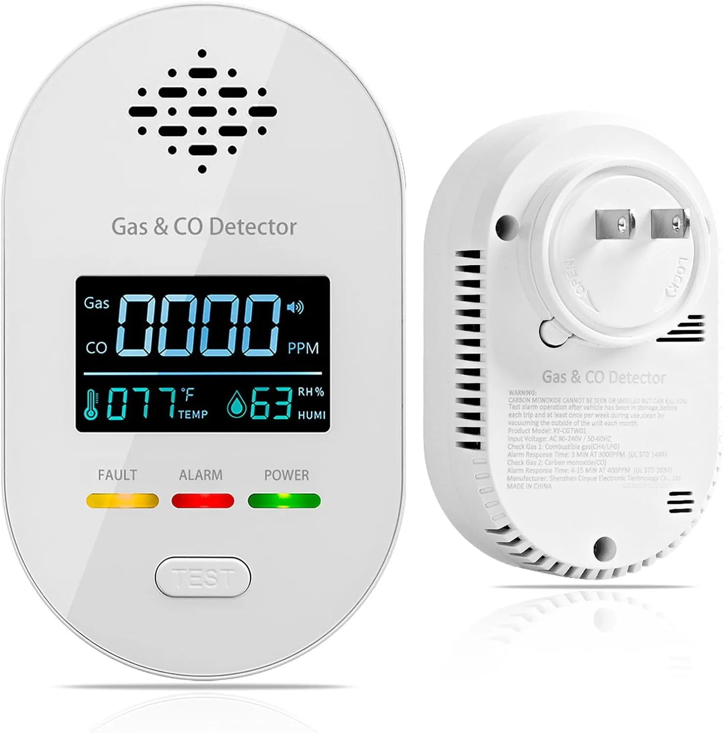 4-in-1 Carbon Monoxide Detectors & Natural Gas Leak Detector, Portable Carbon Monoxide Detectors Plug in Propane Gas Detector with Temperature & Humidity Sensor for Home, Travel，RV
