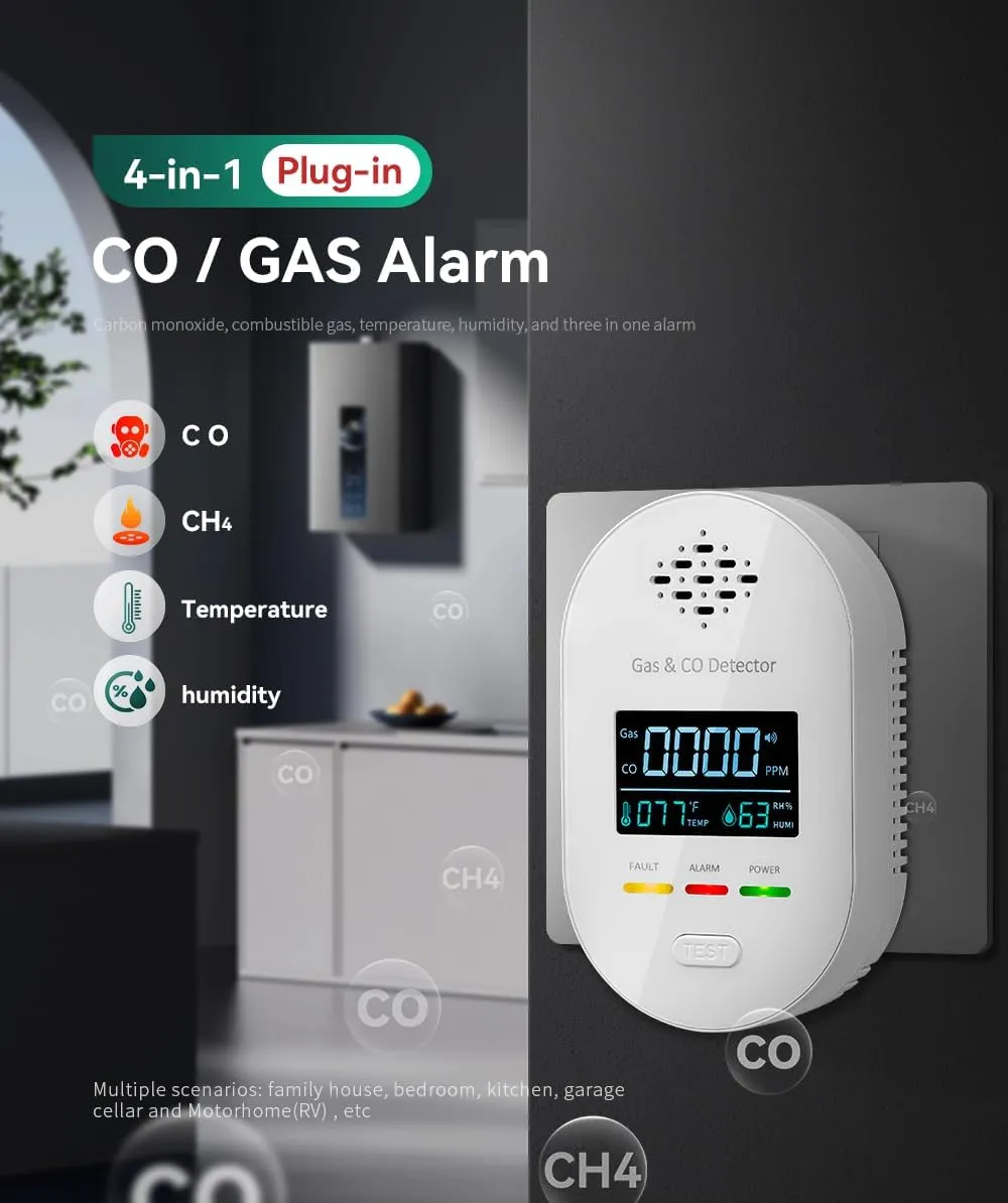 4-in-1 Carbon Monoxide Detectors & Natural Gas Leak Detector, Portable Carbon Monoxide Detectors Plug in Propane Gas Detector with Temperature & Humidity Sensor for Home, Travel，RV