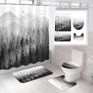 4 Pcs Black White Misty Forest Shower Curtain Set with Rug Mountain Bathroom Sets with Waterproof Fabric Shower Curtain and Non-Slip Rugs Toilet Lid Cover Bath Mat Decor with Hooks (Black)