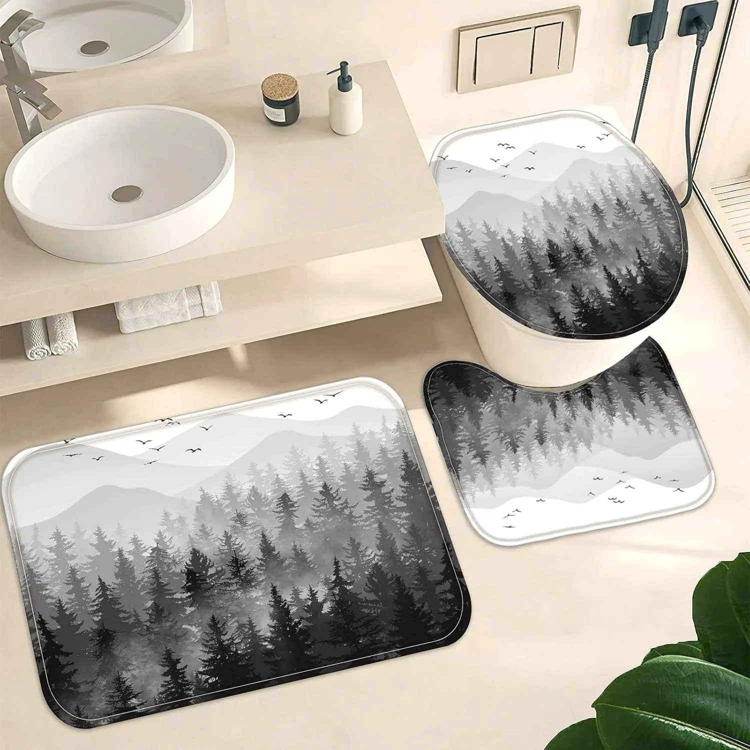 4 Pcs Black White Misty Forest Shower Curtain Set with Rug Mountain Bathroom Sets with Waterproof Fabric Shower Curtain and Non-Slip Rugs Toilet Lid Cover Bath Mat Decor with Hooks (Black)