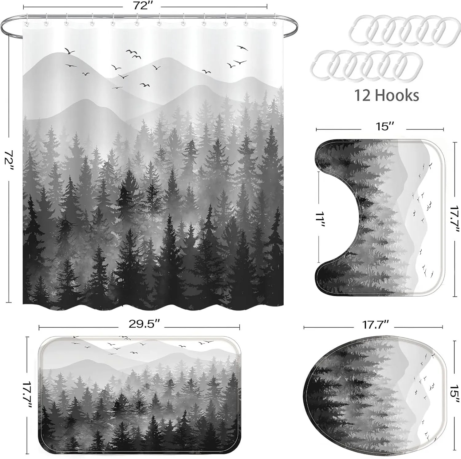 4 Pcs Black White Misty Forest Shower Curtain Set with Rug Mountain Bathroom Sets with Waterproof Fabric Shower Curtain and Non-Slip Rugs Toilet Lid Cover Bath Mat Decor with Hooks (Black)
