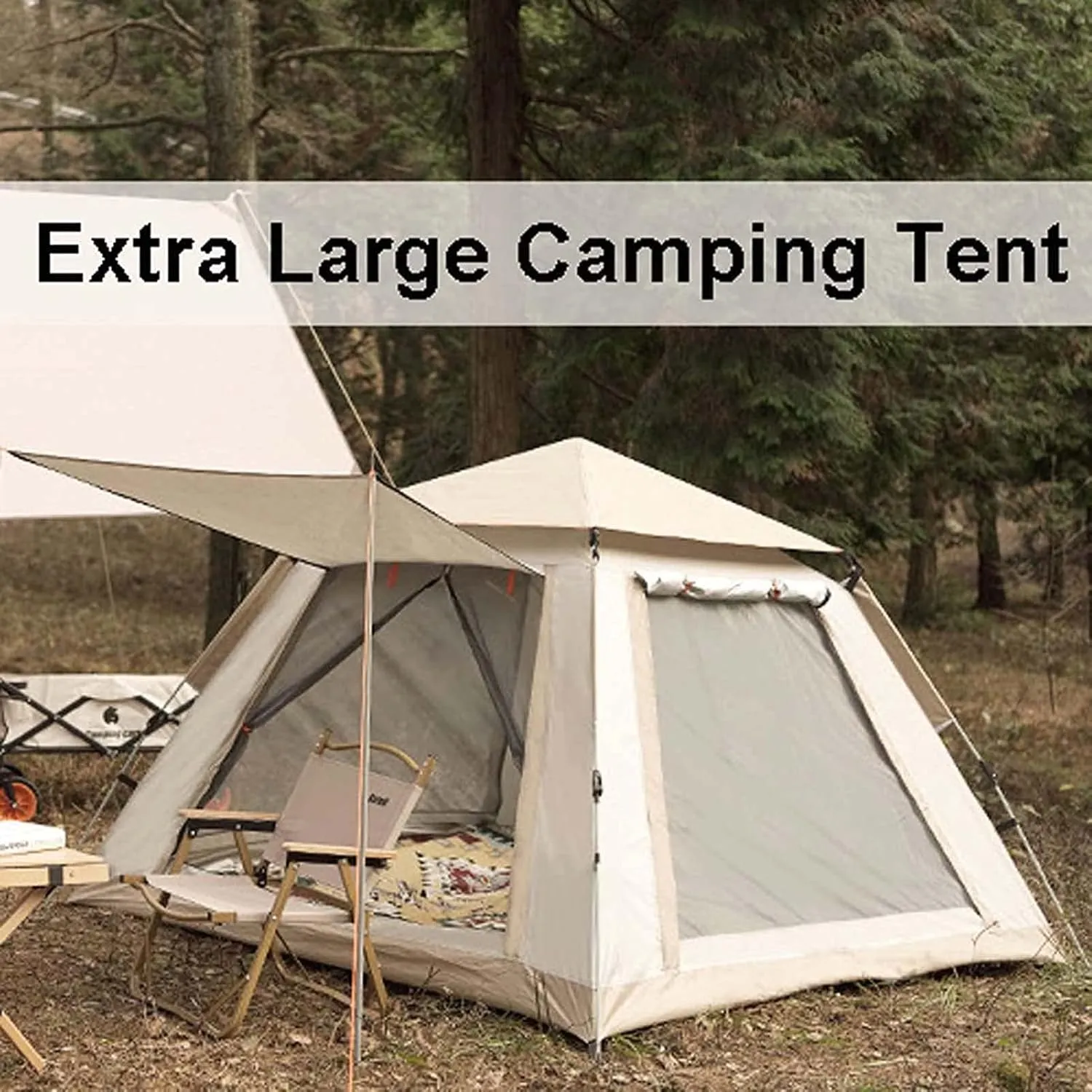 4 Person Outdoor Family Tent with Foyer, Foldable Portable Camping Tent with Carry Bag, Pop Up Waterproof Backpacking Tents for Camping, Parks, Picnicking, Outdoor Gear (210x210x135cm)