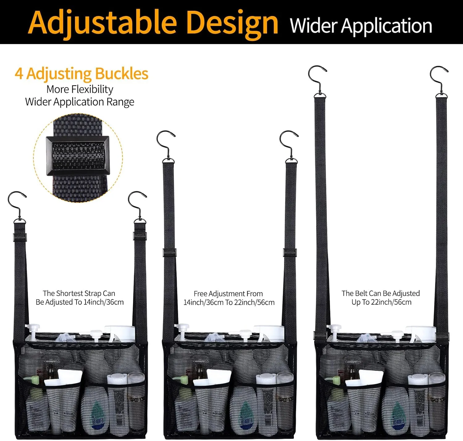 4 Storage Pockets Adjustable Hanging Mesh Bathroom Bag, Shower Caddy College with Hooks, Applied to College Dorm Rooms, Gym, Swimming and RV Travel (Black)