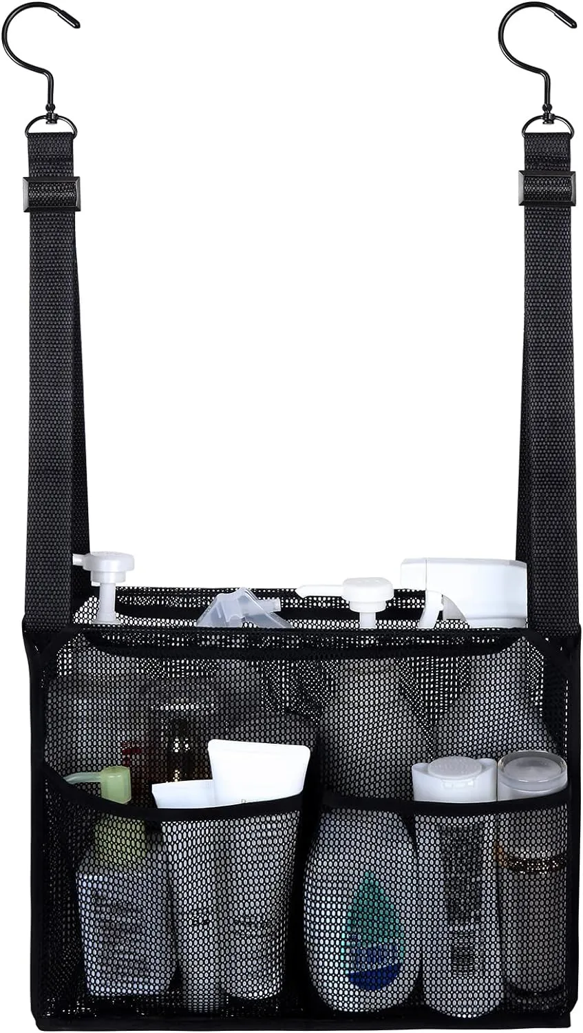4 Storage Pockets Adjustable Hanging Mesh Bathroom Bag, Shower Caddy College with Hooks, Applied to College Dorm Rooms, Gym, Swimming and RV Travel (Black)