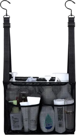 4 Storage Pockets Adjustable Hanging Mesh Bathroom Bag, Shower Caddy College with Hooks, Applied to College Dorm Rooms, Gym, Swimming and RV Travel (Black)