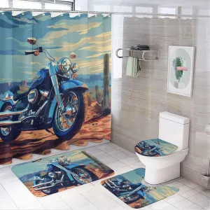 4Pcs Motorcycle Desert Plant Shower Curtain Set with Rugs, Toilet Lid Cover and Bath Mat, Vintage Motorbike Cactus Bathroom Curtains Decor Shower Curtains, 72" x 72"