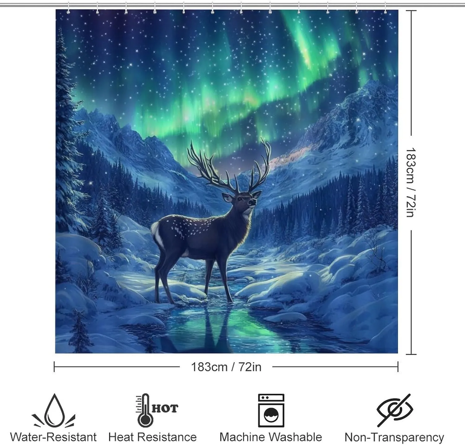4Pcs Winter Stream Jungle Aurora Shower Curtain Sets, 4pcs Deer Animal Fantasy Shower Curtains for Bathroom with Rugs, Toilet Lid Cover, Bath Mat, 72" x 72"