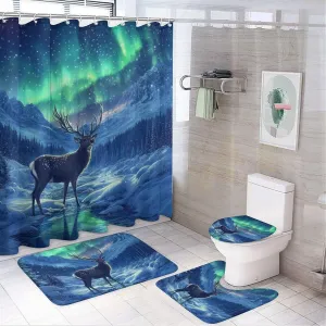 4Pcs Winter Stream Jungle Aurora Shower Curtain Sets, 4pcs Deer Animal Fantasy Shower Curtains for Bathroom with Rugs, Toilet Lid Cover, Bath Mat, 72" x 72"