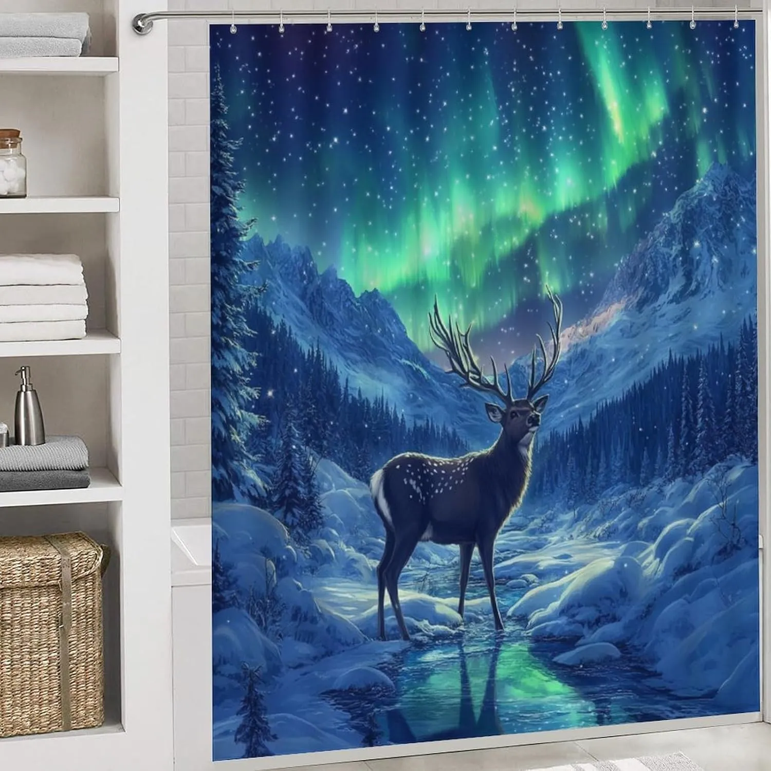 4Pcs Winter Stream Jungle Aurora Shower Curtain Sets, 4pcs Deer Animal Fantasy Shower Curtains for Bathroom with Rugs, Toilet Lid Cover, Bath Mat, 72" x 72"