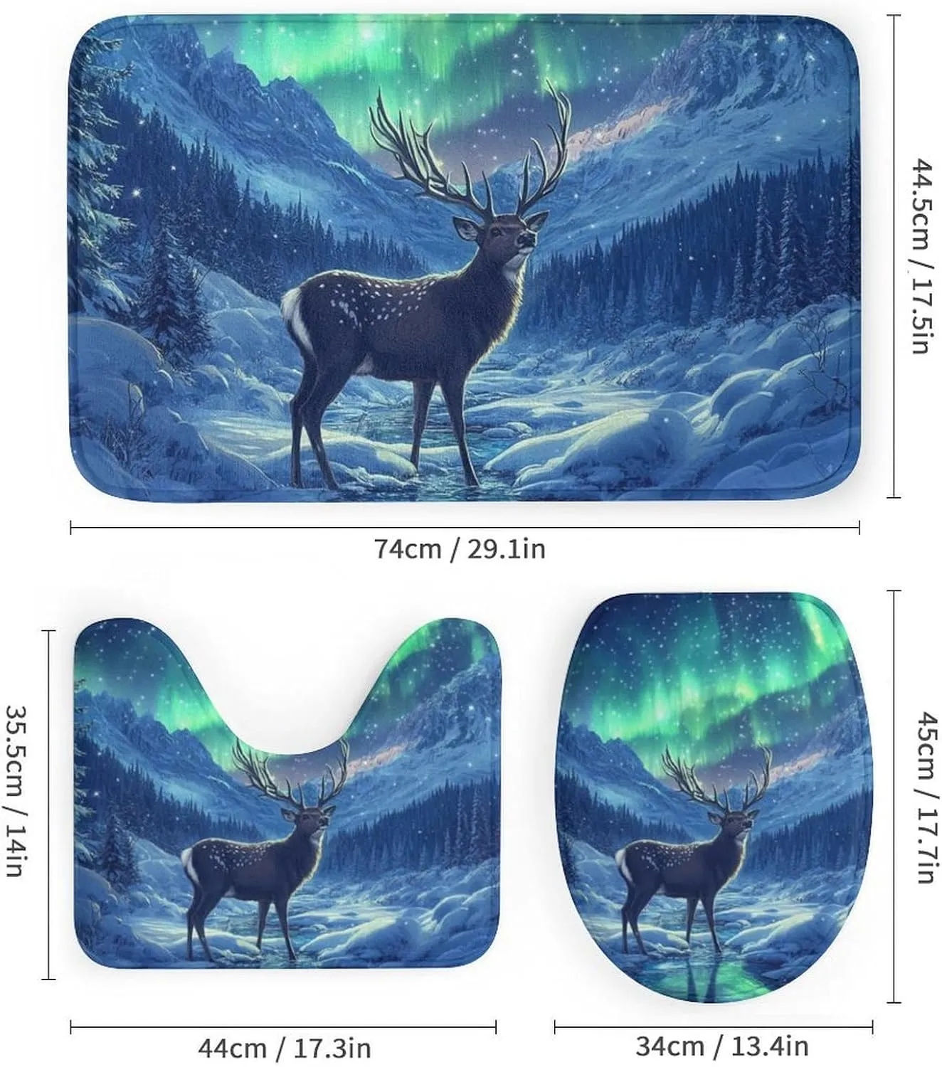 4Pcs Winter Stream Jungle Aurora Shower Curtain Sets, 4pcs Deer Animal Fantasy Shower Curtains for Bathroom with Rugs, Toilet Lid Cover, Bath Mat, 72" x 72"