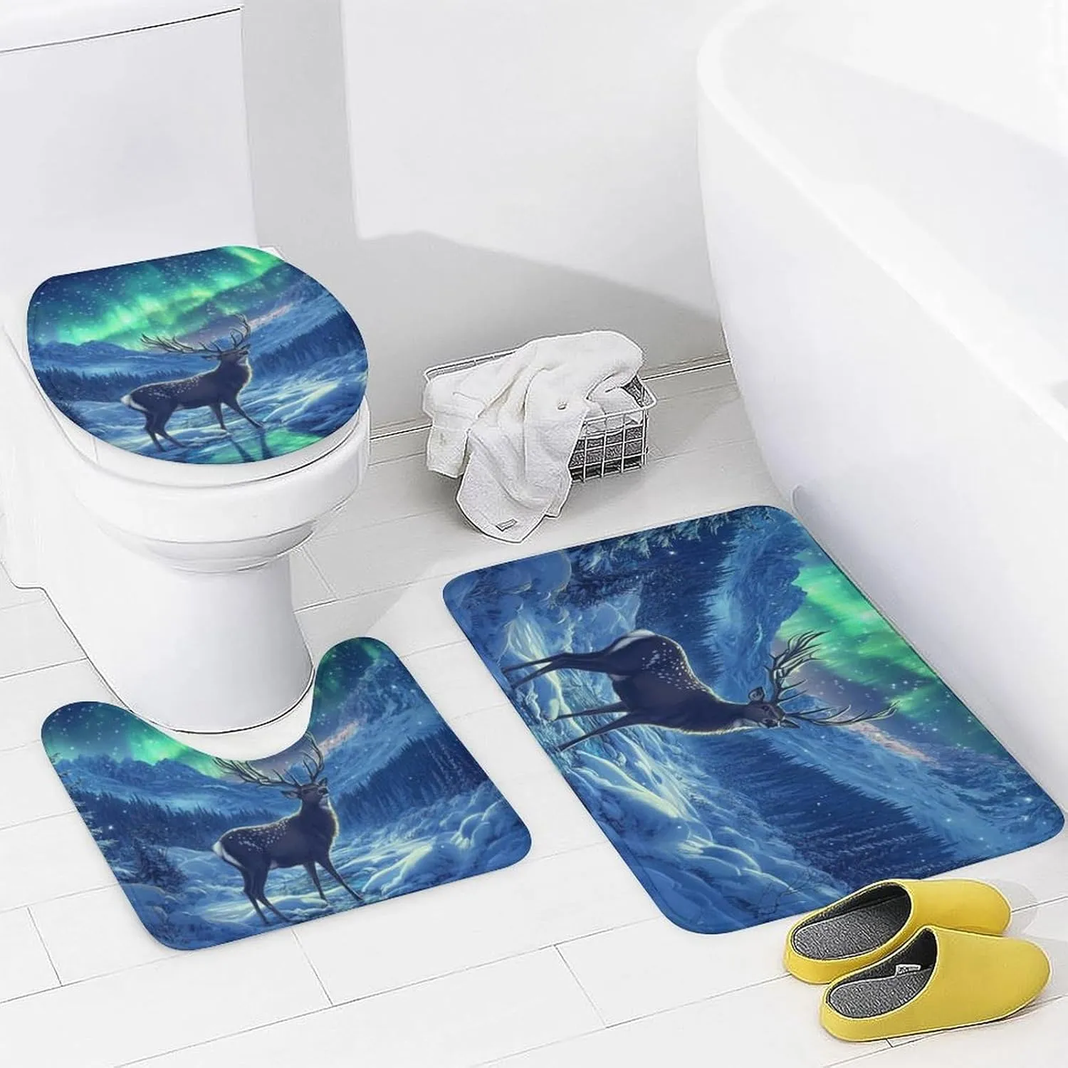 4Pcs Winter Stream Jungle Aurora Shower Curtain Sets, 4pcs Deer Animal Fantasy Shower Curtains for Bathroom with Rugs, Toilet Lid Cover, Bath Mat, 72" x 72"