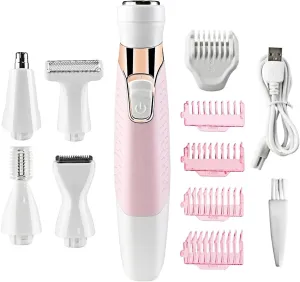 5 in 1 Bikini Trimmer for Women, Cordless Rechargeable Electric Razors for Women, Waterproof Wet Dry Lady Body Electric Shaver for Face Nose Eyebrow Arm Leg Armpit Bikini (Pink)