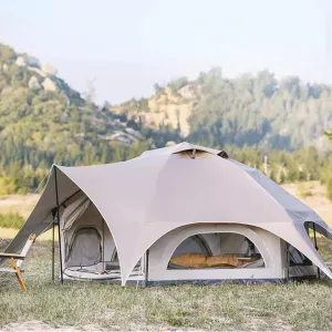 6 Person Family Camping Tent with 360° Panoramic View - Luxury Double Layer Large Canvas Glamping Bell Tent for Vacation, Hiking & Party - 4 Season Tent, 250*290*145cm, Khaki