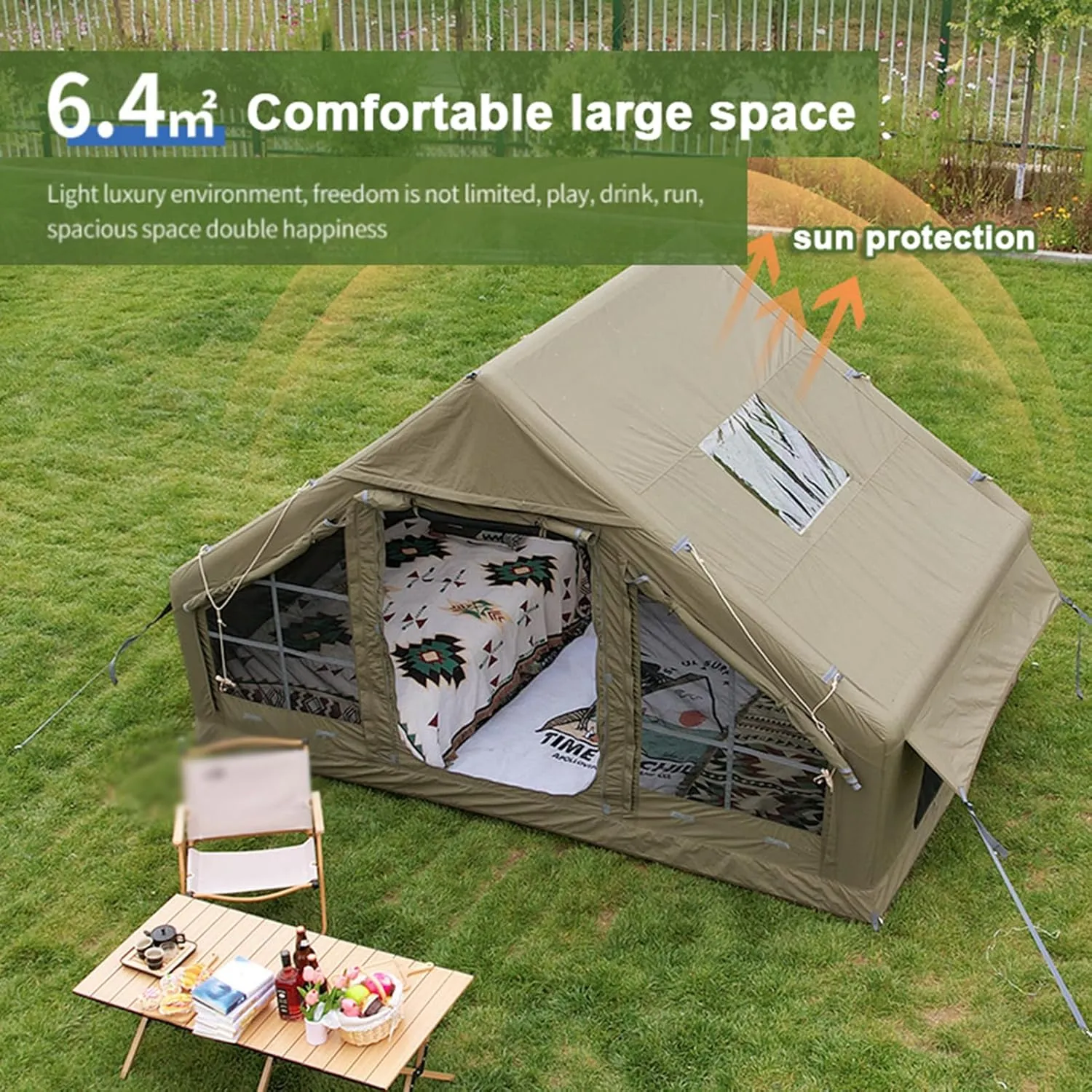 6.4㎡ Inflatable Camping Tent for 3-4 People, Luxury Outdoor Tent for Family Glamping, Outdoor Party, Easy Setup, Waterproof Outdoor Inflatable Tent