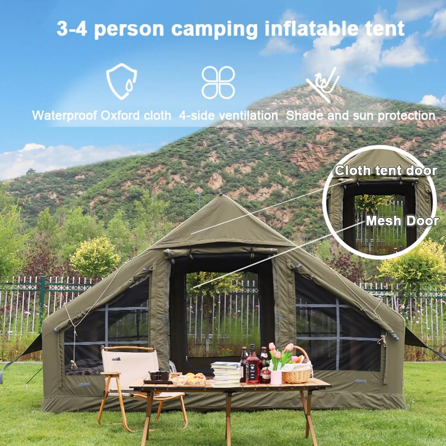 6.4㎡ Inflatable Camping Tent for 3-4 People, Luxury Outdoor Tent for Family Glamping, Outdoor Party, Easy Setup, Waterproof Outdoor Inflatable Tent