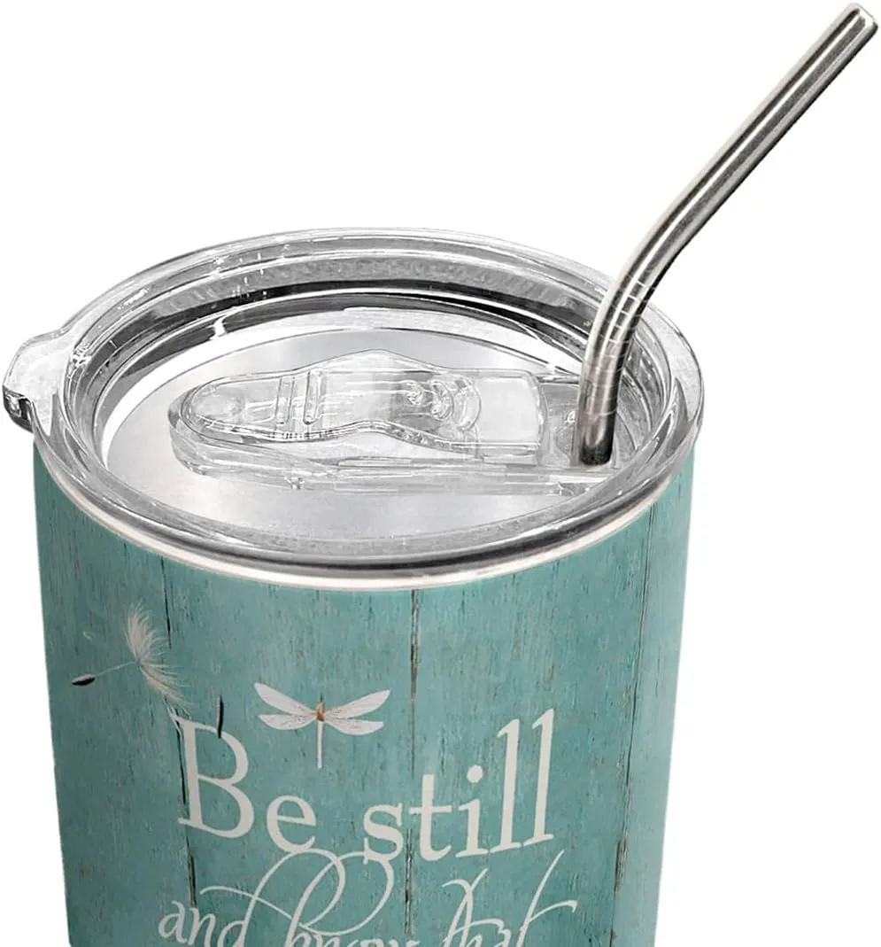 64HYDRO 20oz Dandelion Dragonfly Faith Tumbler, Be still and know that I am God, Religious, Christian Gifts for Women, Stainless Steel Double Wall Vacuum Insulated Coffee Mug, Travel Cup with Lid