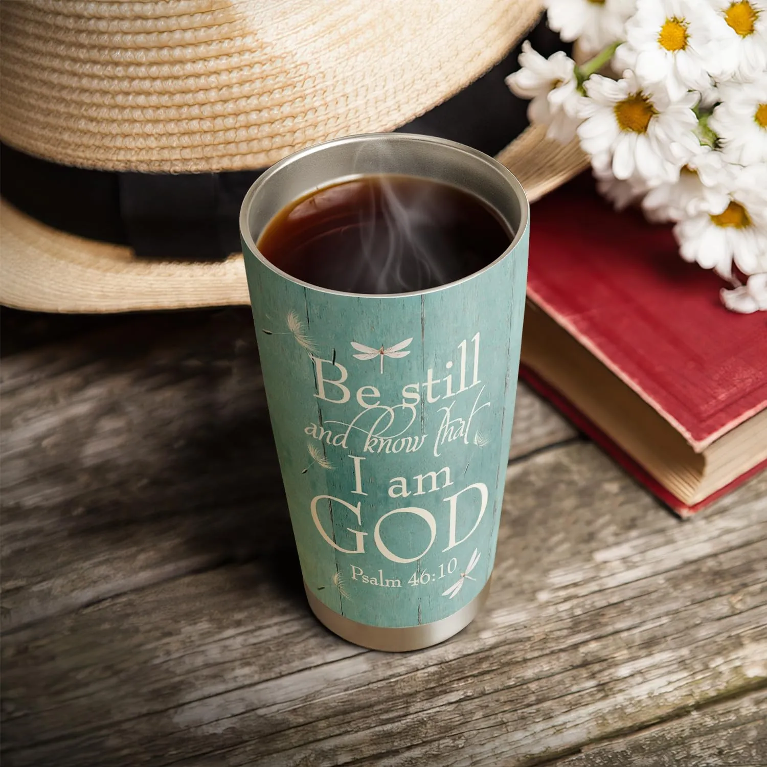 64HYDRO 20oz Dandelion Dragonfly Faith Tumbler, Be still and know that I am God, Religious, Christian Gifts for Women, Stainless Steel Double Wall Vacuum Insulated Coffee Mug, Travel Cup with Lid