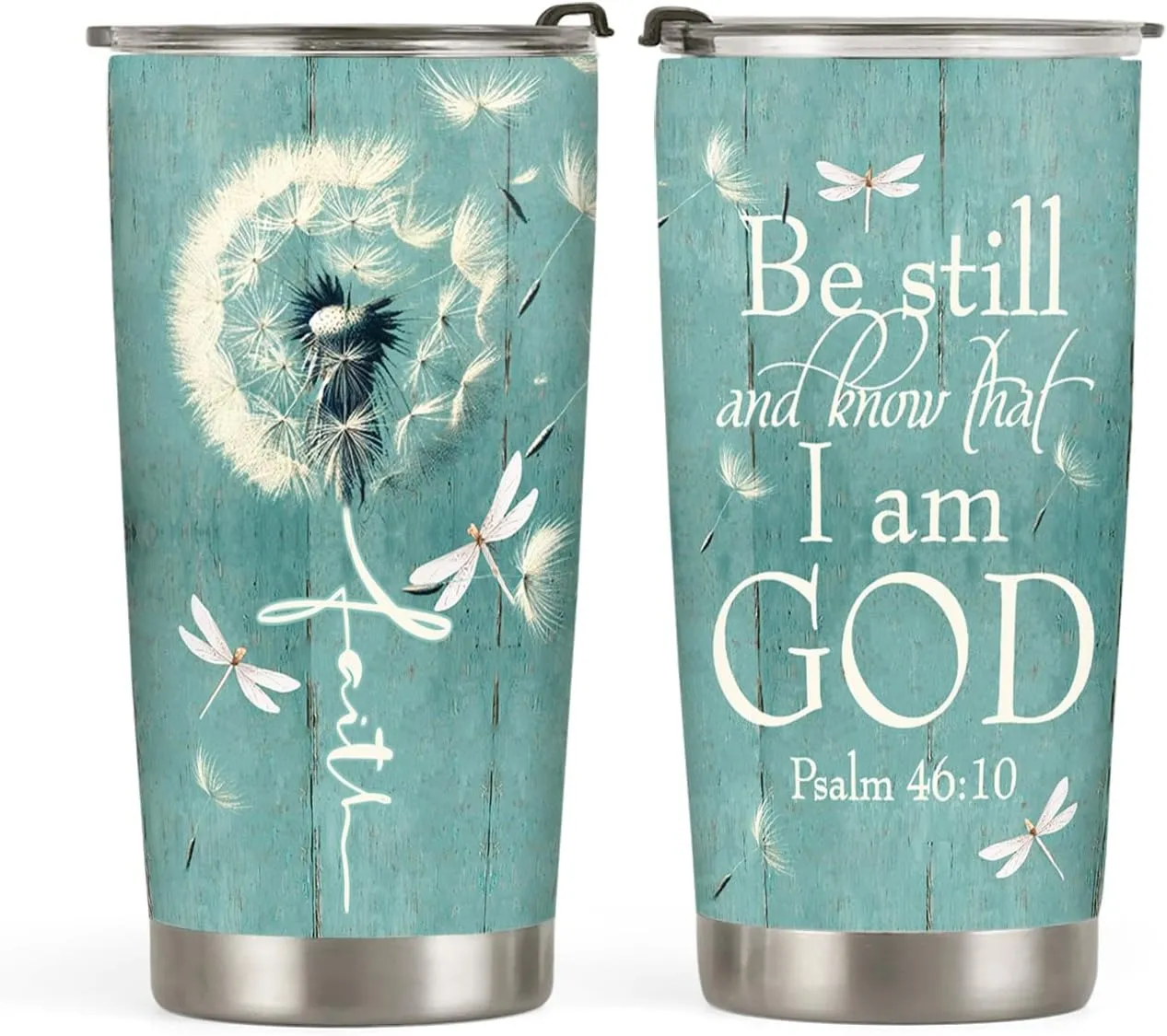 64HYDRO 20oz Dandelion Dragonfly Faith Tumbler, Be still and know that I am God, Religious, Christian Gifts for Women, Stainless Steel Double Wall Vacuum Insulated Coffee Mug, Travel Cup with Lid