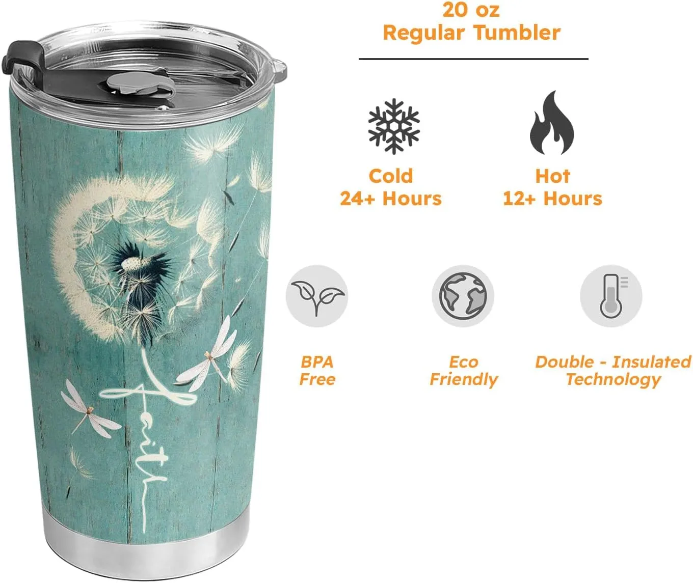 64HYDRO 20oz Dandelion Dragonfly Faith Tumbler, Be still and know that I am God, Religious, Christian Gifts for Women, Stainless Steel Double Wall Vacuum Insulated Coffee Mug, Travel Cup with Lid