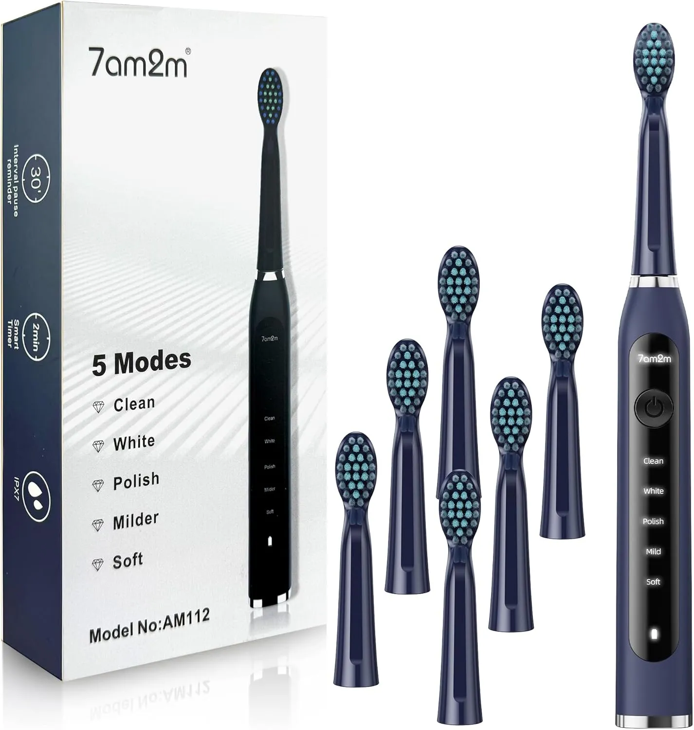 7AM2M Sonic Electric Toothbrush for Adults High Power Rechargeable Toothbrushes with 6 Brush Heads,5 Adjustable Modes, Built-in 2-Minute Smart Timer,3 Hours Fast Charge for 45Days (Navy)