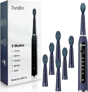 7AM2M Sonic Electric Toothbrush for Adults High Power Rechargeable Toothbrushes with 6 Brush Heads,5 Adjustable Modes, Built-in 2-Minute Smart Timer,3 Hours Fast Charge for 45Days (Navy)