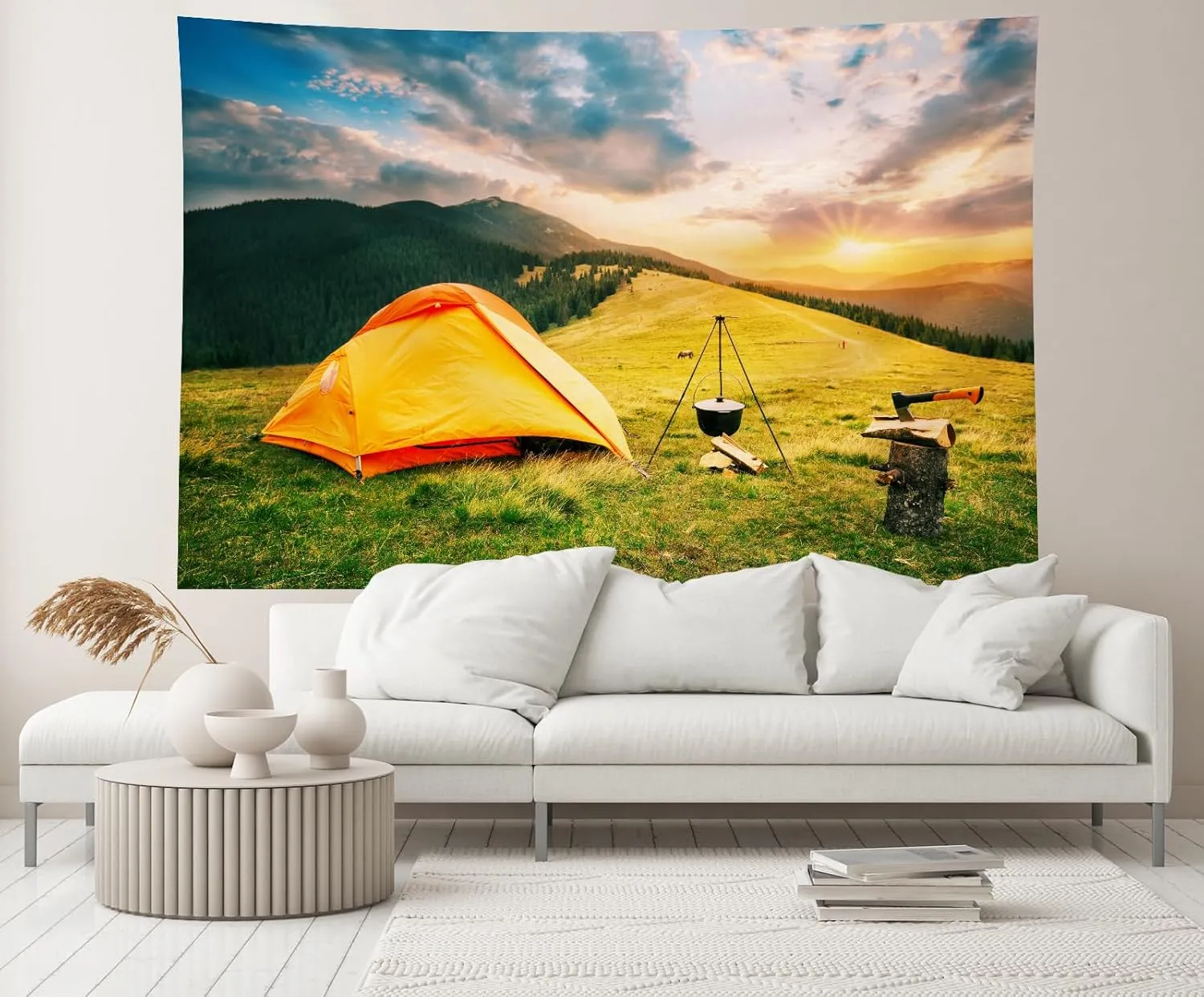 7ftx5ft Camping Backdrop Pine Forest and Mountain Scenery Outdoor Sunrise Background for Camper Tent Theme Birthday Party Backdrop Hiking Climbing Background Photoshoot Props Wallpaper
