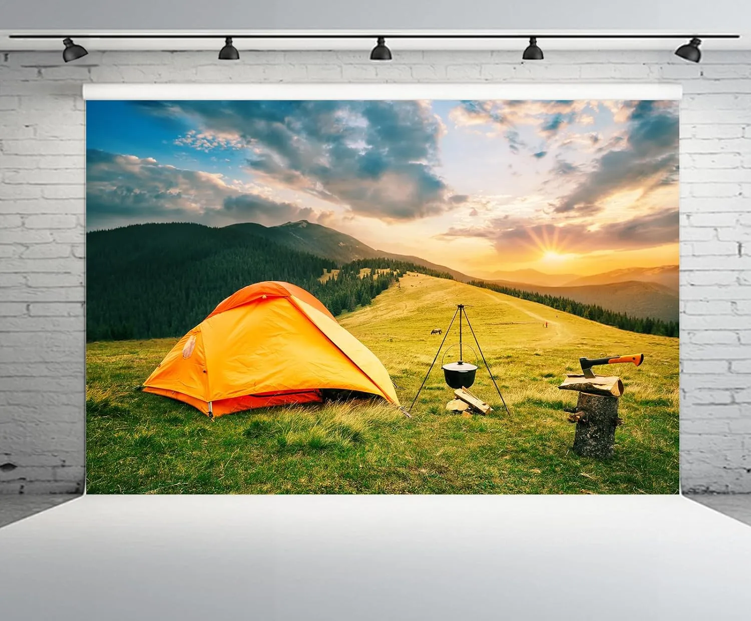 7ftx5ft Camping Backdrop Pine Forest and Mountain Scenery Outdoor Sunrise Background for Camper Tent Theme Birthday Party Backdrop Hiking Climbing Background Photoshoot Props Wallpaper